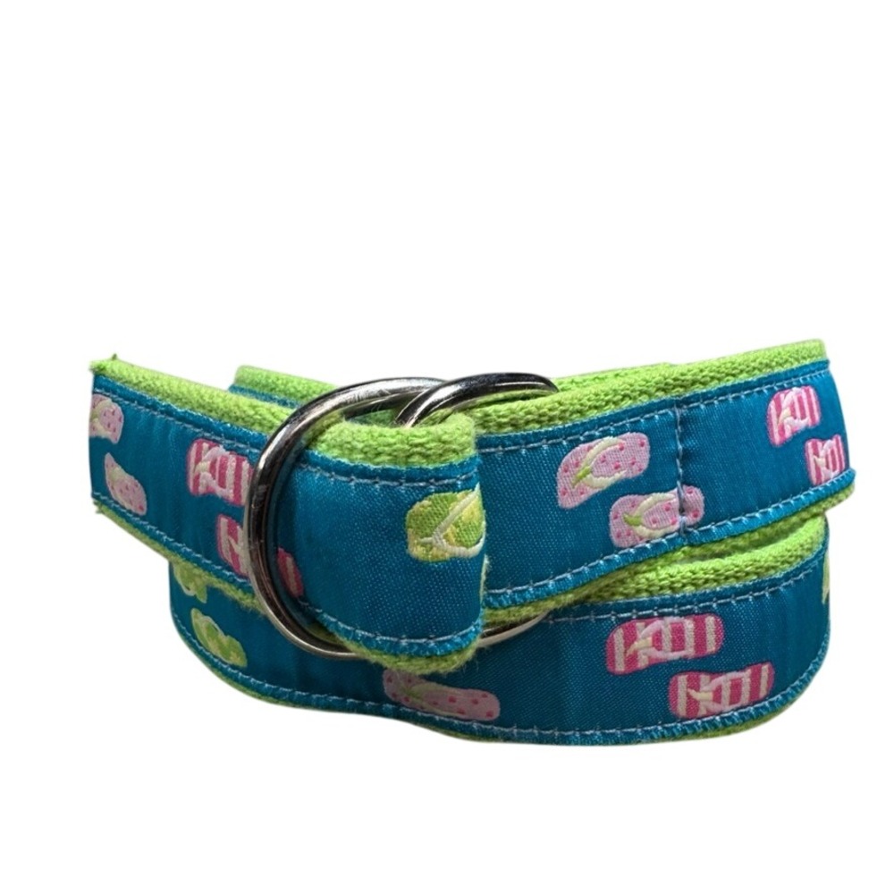 Douglas Paquette Blue Green Flip Flop D-Ring Web Belt Medium Coastal Preppy